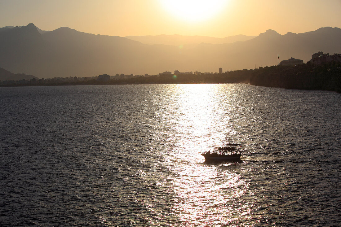 View of boat in sea at sunset in Antalya, Turkey