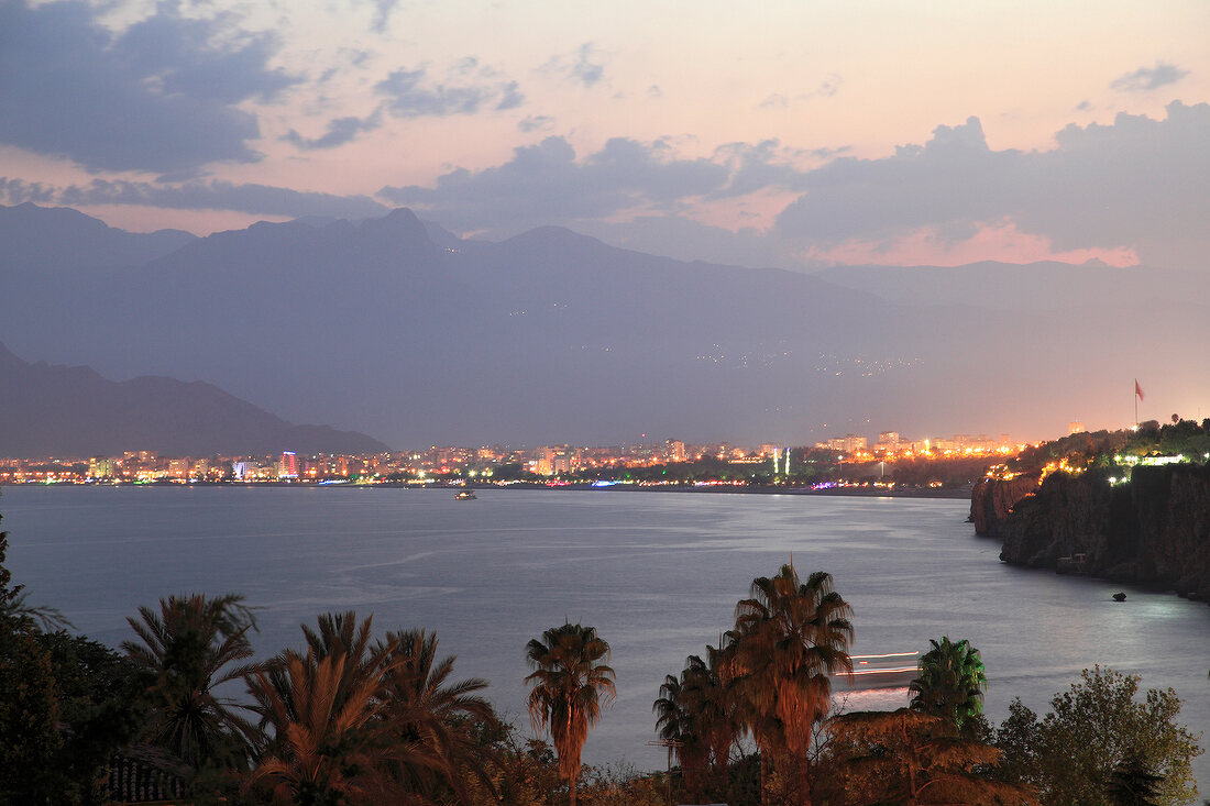 View of sea overlooking city at dusk in Antalya, Turkey