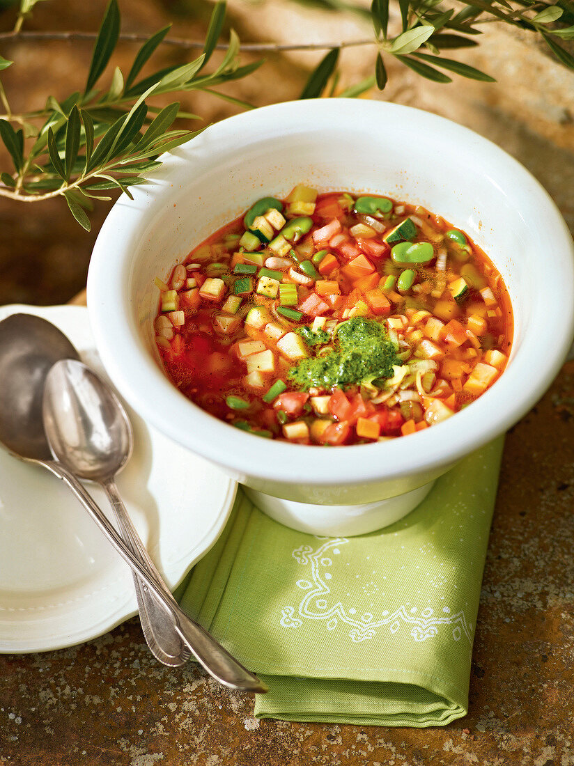 Frankreich, Gemüsesuppe mit Basilikumpaste