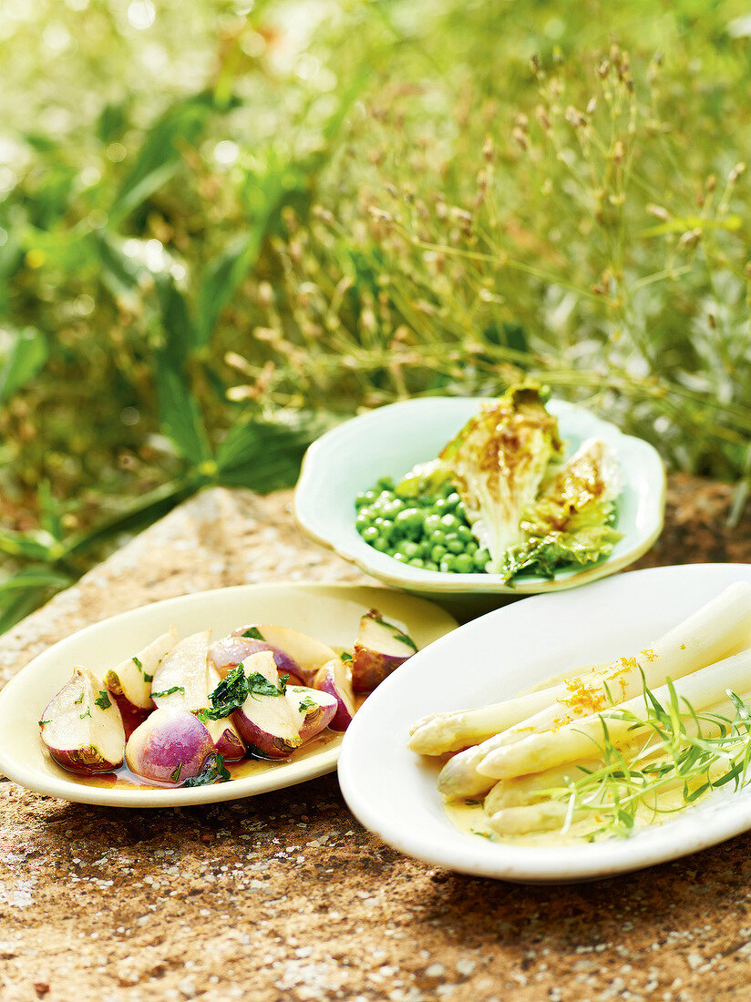 Various side dishes of fresh spring vegetables in serving dish, France