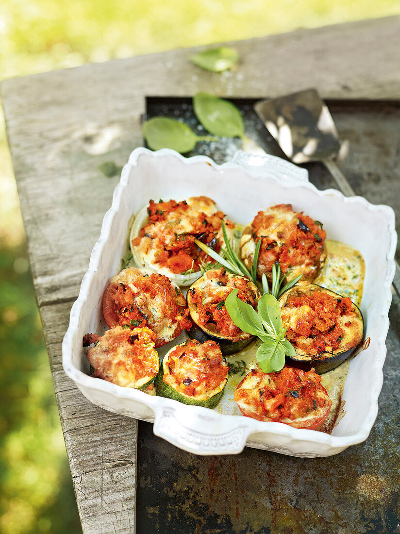 Stuffed vegetables in baking dish, France