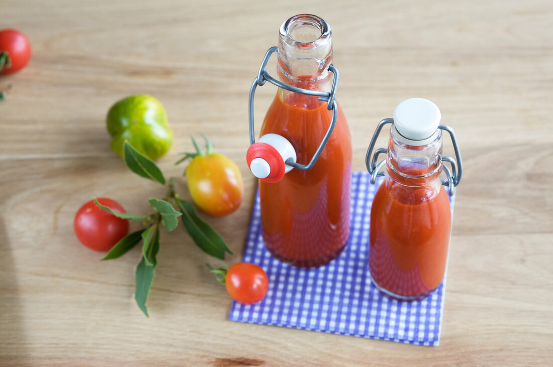 Tomato ketchup in glass bottles