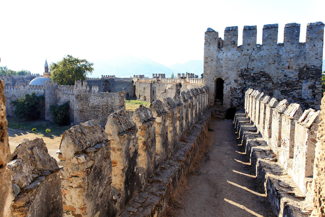 Wall and passage of ruined Mamure Castle in Anamur, Antalya, Turkey