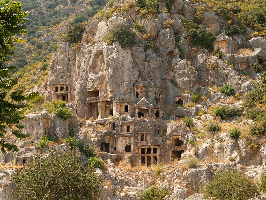 Low angle view of Rock tombs of Myra, Demre, Turkey