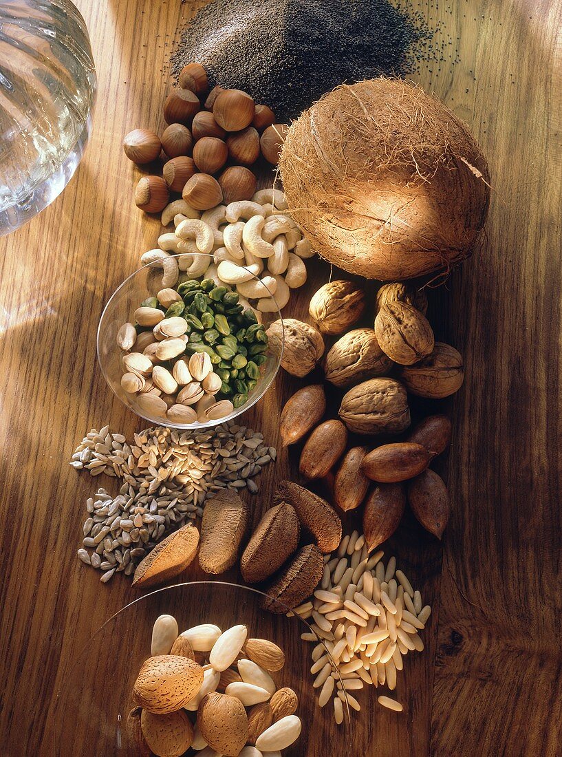 Nut still life with coconut and poppy seeds