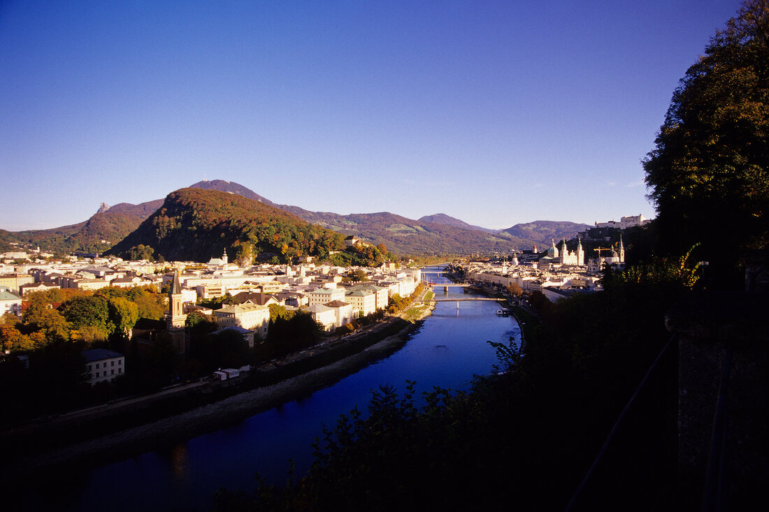 Aerial view of Salzach river and old town, Salzburg, Austria