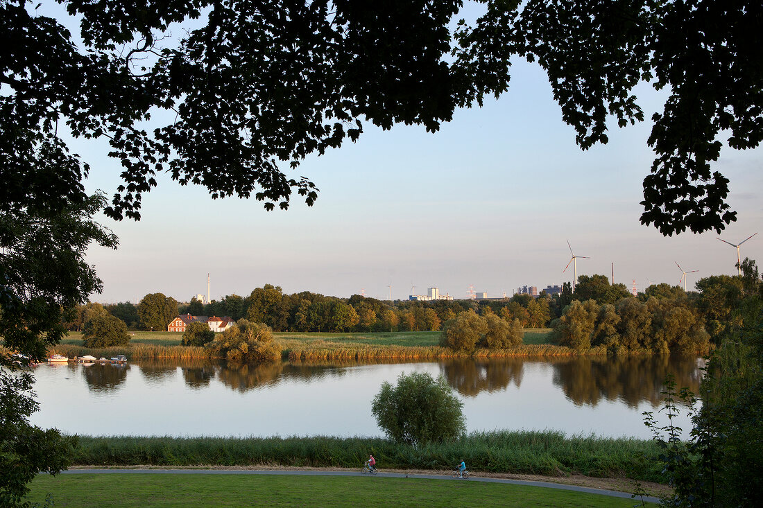View of landscape and river at Knoops Park in Bremen, Germany