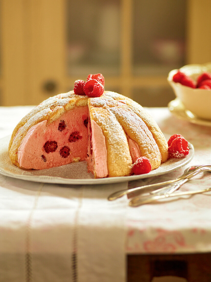 Raspberry charlotte on plate, France