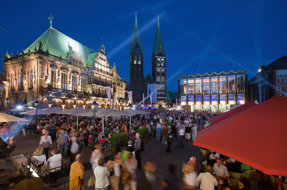 Illuminated town hall at night, Bremen, Germany, long exposure