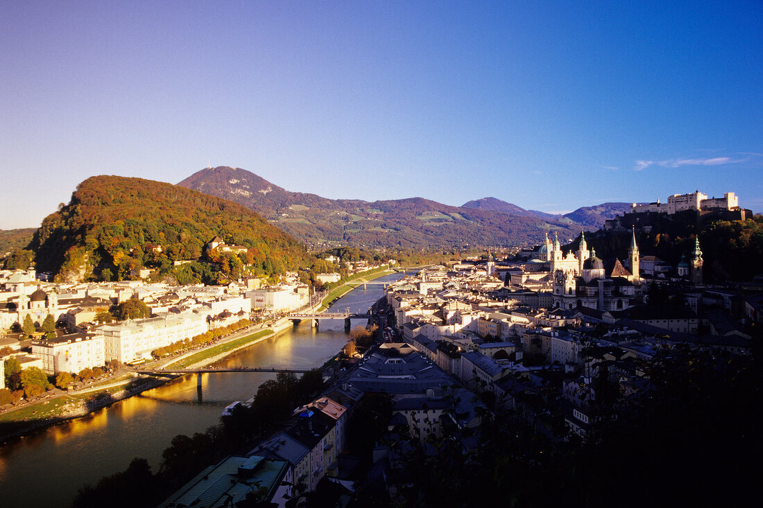 Aerial view of Salzach river and old town, Salzburg, Austria