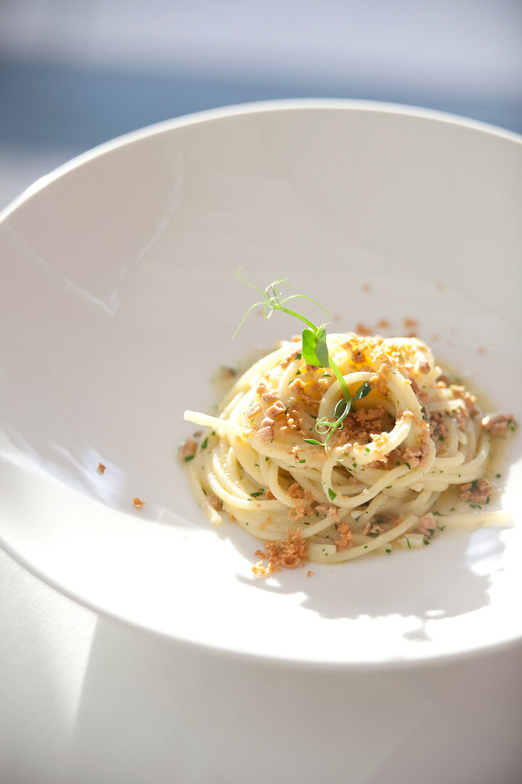 Comer See, Dicke Spaghetti mit Bottarga, Villa Serbelloni, Bellagio