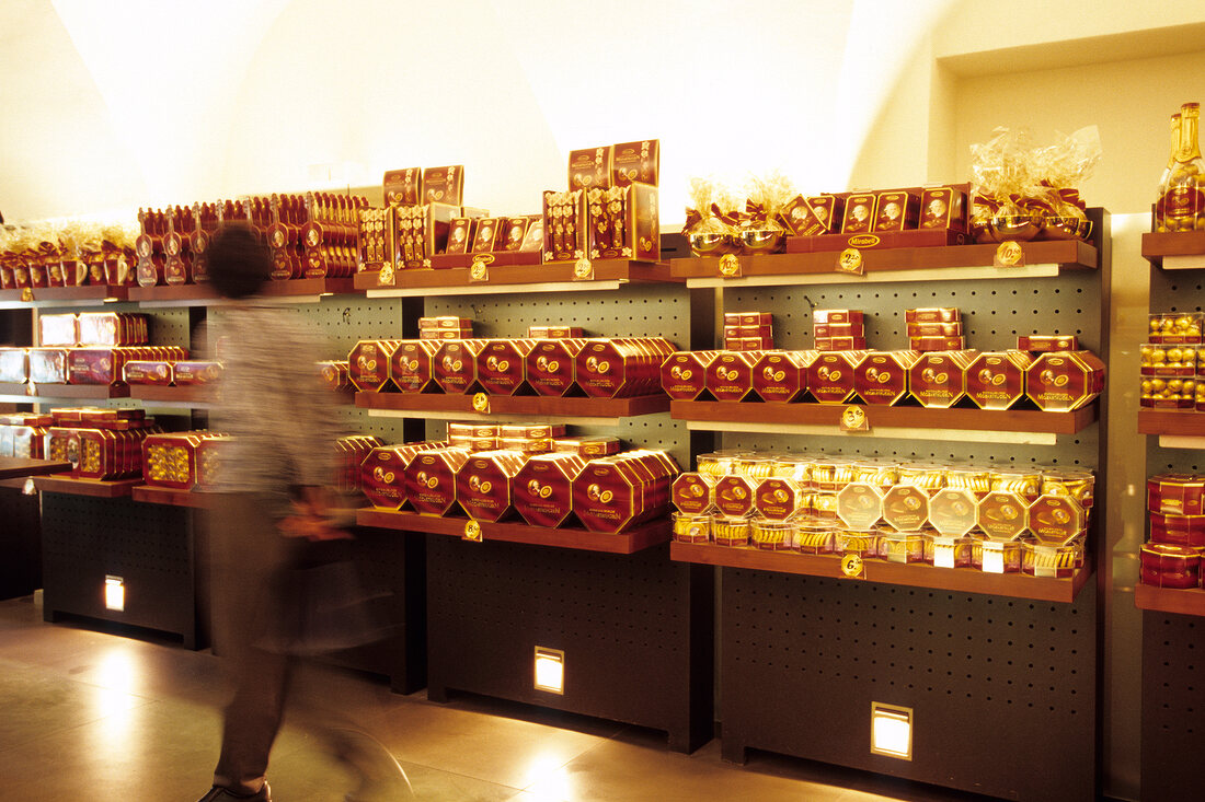 Chocolates in shelves at Testa Rossa cafe, Salzburg, Austria