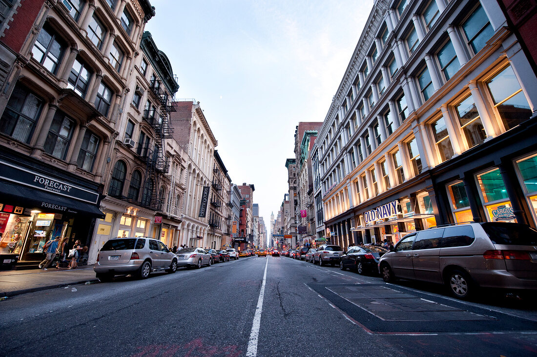 Cars parked in streets of Broadway, SoHo, Manhattan, New York, USA