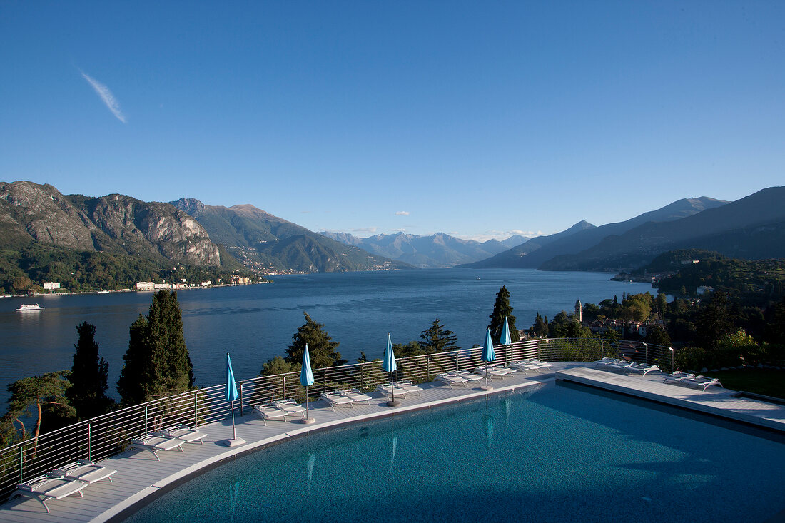 View of Lake Como and swimming pool from Hotel Lumin in Cremia Como, Italy