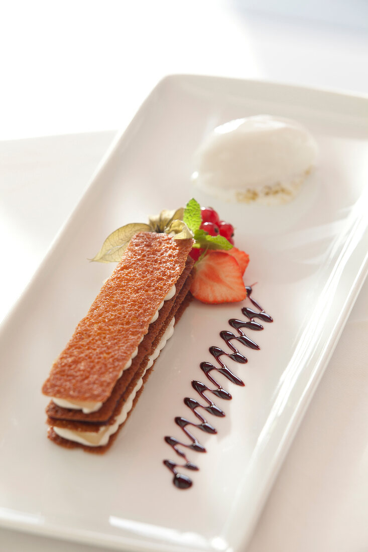 Strawberry mille feuille on tray