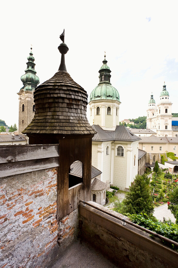 Catacombs overlooking clock tower at Salzburg, Austria