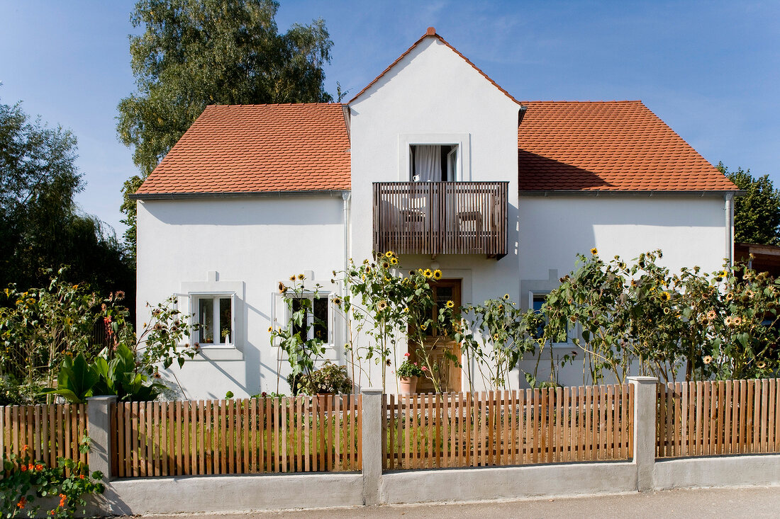 Exterior of house with wooden fence and plants