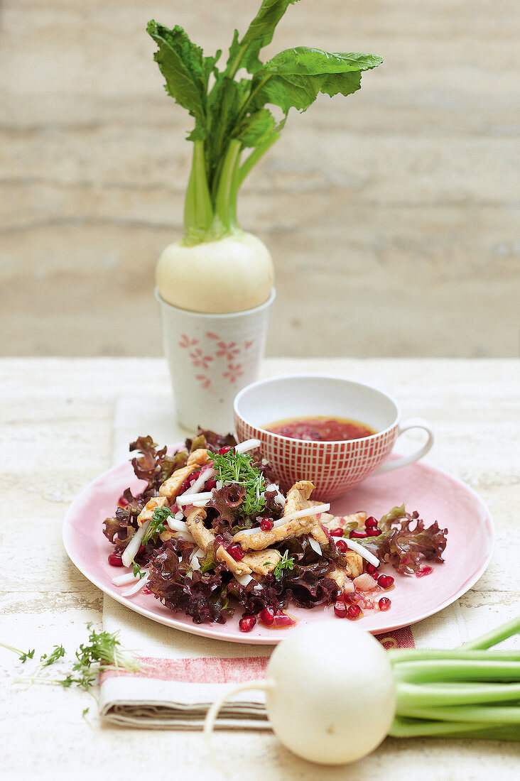 Green salad with turkey strips and chutney on plate