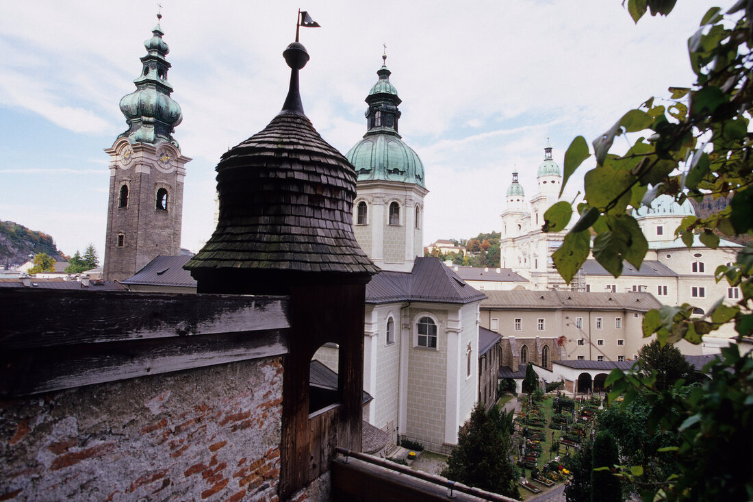 Catacombs overlooking clock tower at Salzburg, Austria
