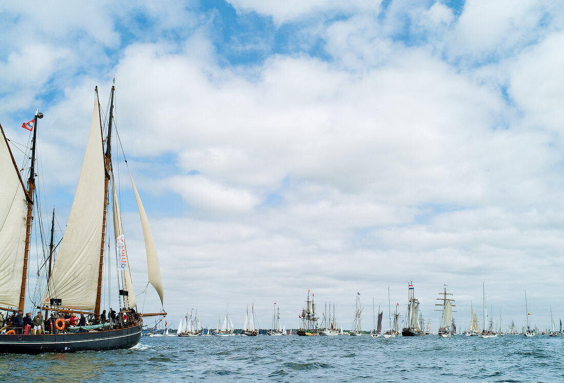 View of Kieler Woche Windjammerparade Sailboats at Baltic Sea Coast