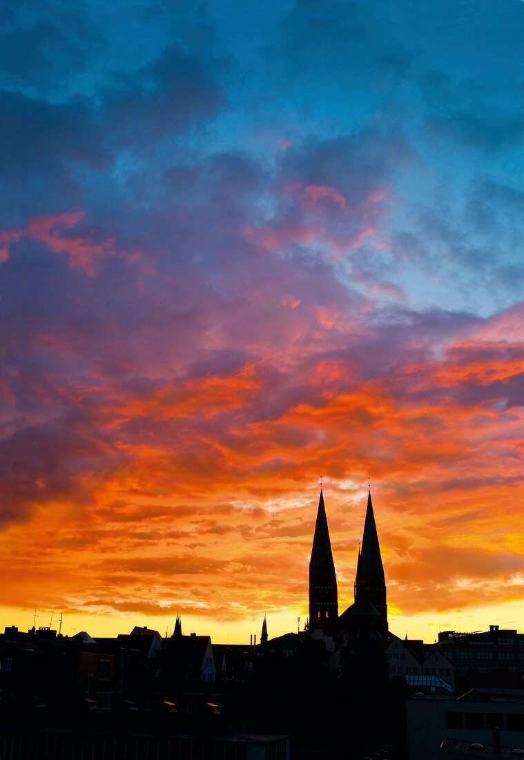 View of silhouette Lubeck city at sunset, Baltic Sea Coast