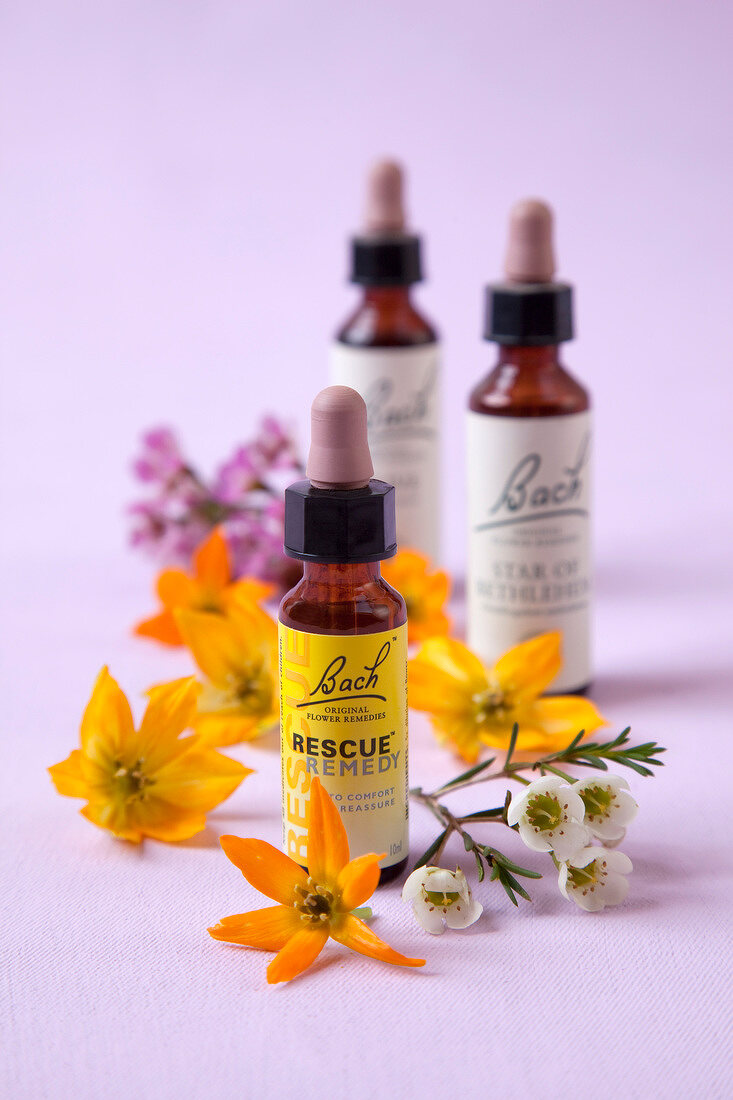 Close-up of bottle of Bach Rescue Remedy and bach flowers on purple background