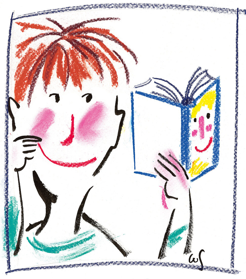 Illustration, Junge blickt in Buch 