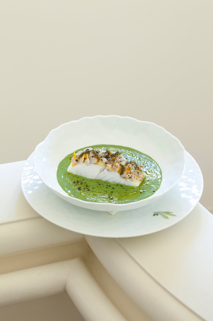 Turbot and salicorne cream in bowl