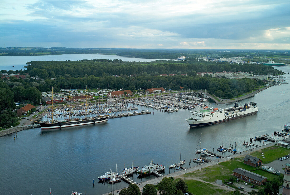 Aerial view of ships at harbour in Baltic Sea Coast, Travemunde, Germany