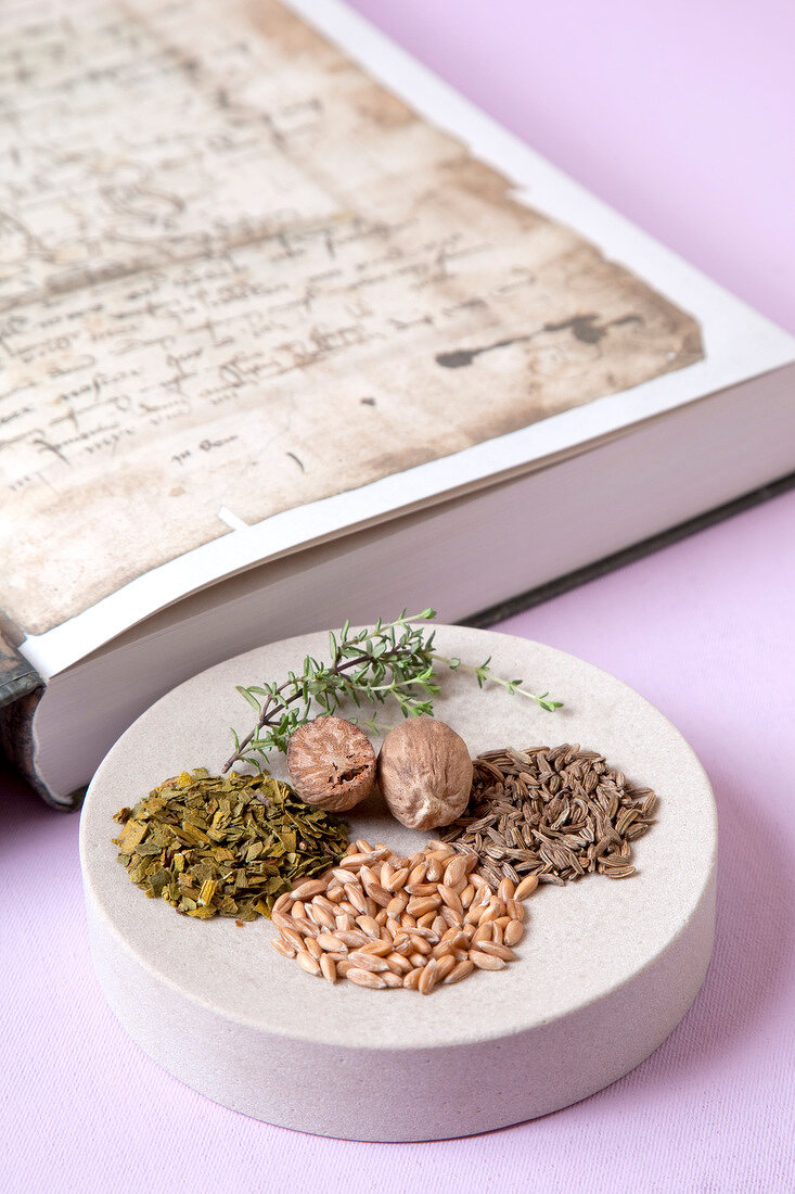 Various herbal medicines on plate, overhead view