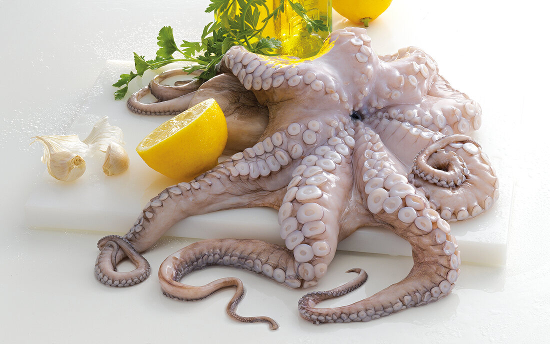 Raw octopus with herbs and halved lemon on white background