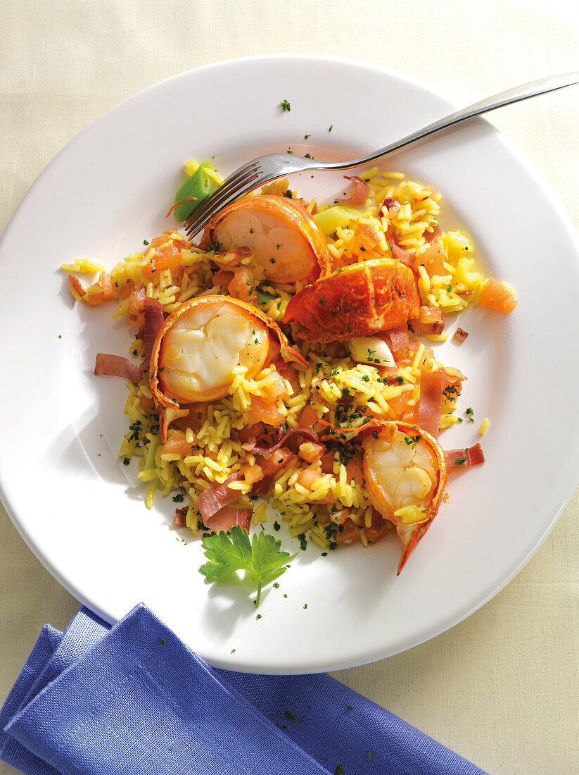 Crawfish with jambalaya on plate