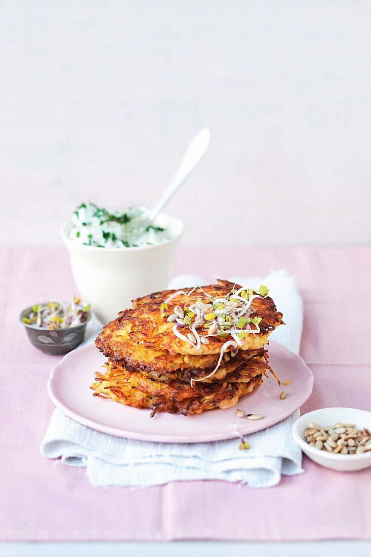 Potato fritters with herb quark and bean sprouts