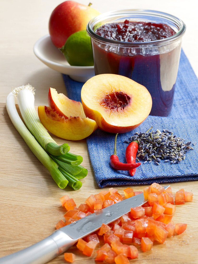 Chopped nectarine on wooden board