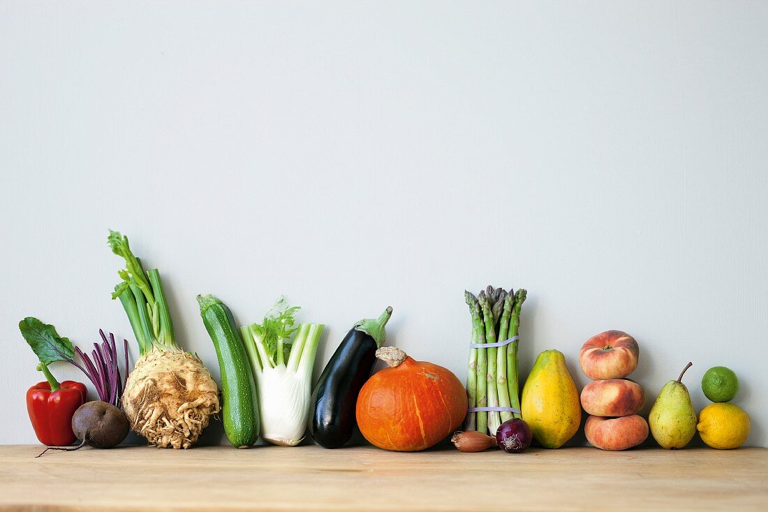 An arrangement of fresh fruit and vegetables