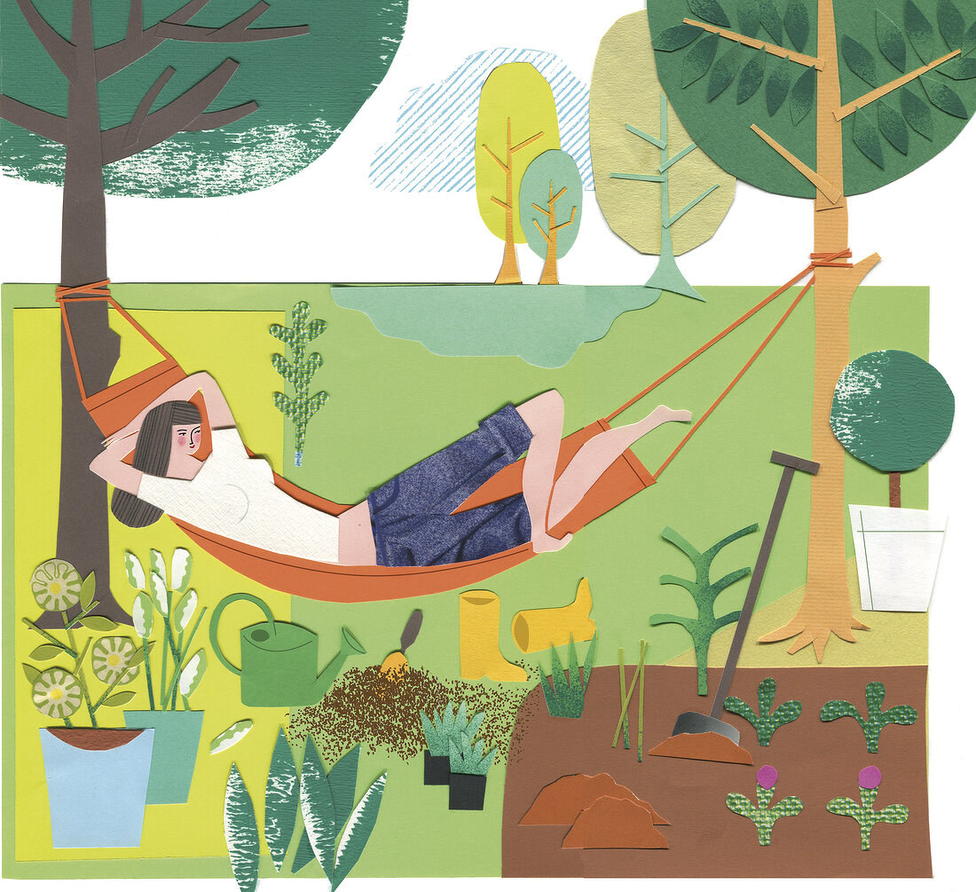 Illustration Frau in der Hängematte relaxt im Garten