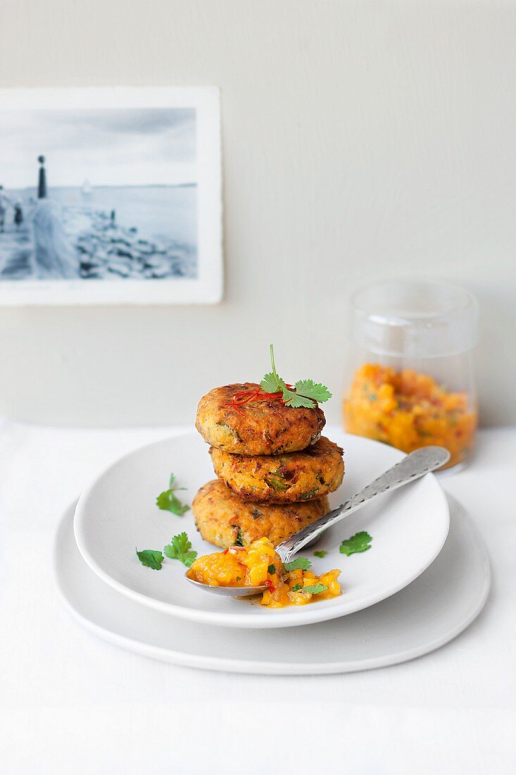 Süsskartoffelbratlinge mit Kokos & Mangosalsa