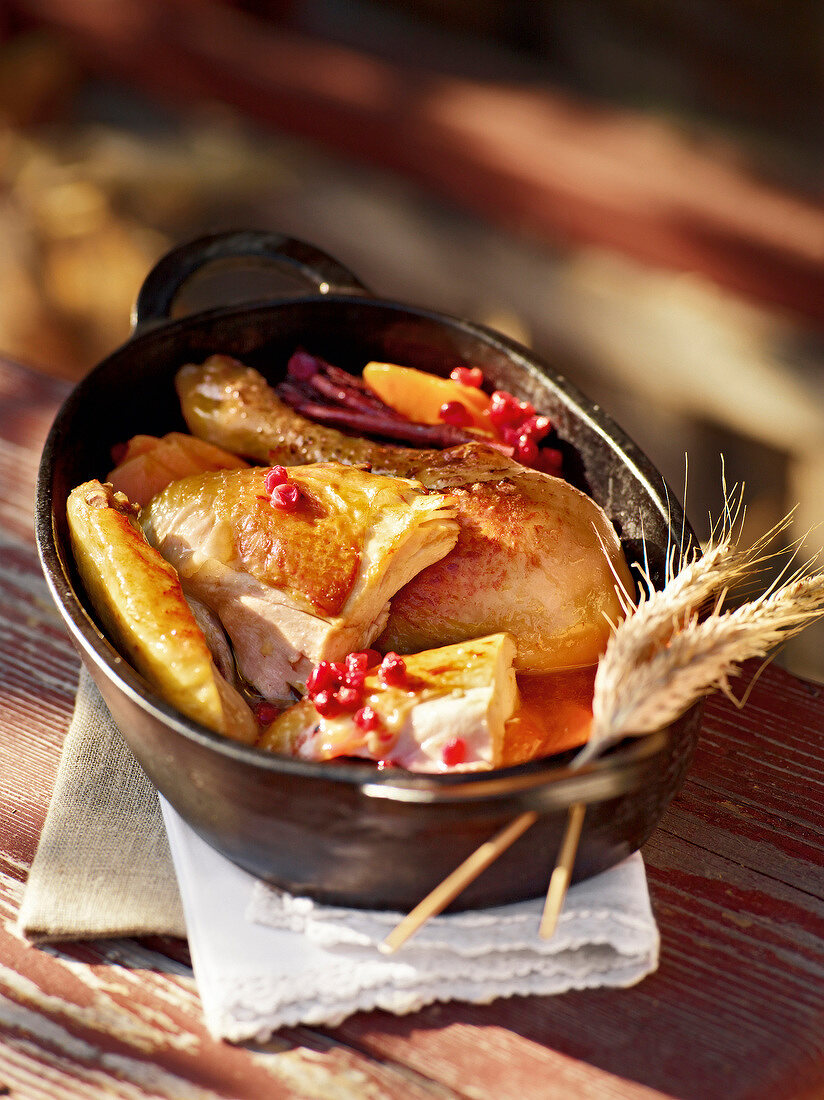 Chicken with pumpkin and cranberry sauce in serving dish, garden kitchen