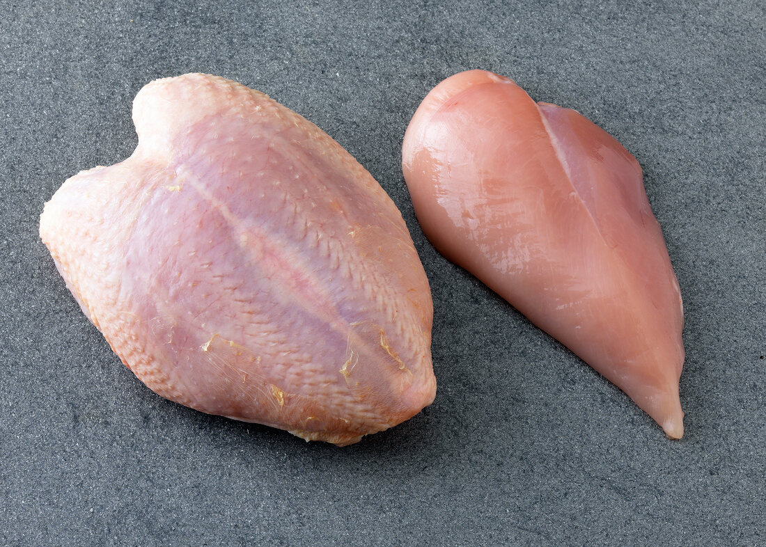 Chicken breast with skin and skinless chicken breast on gray background