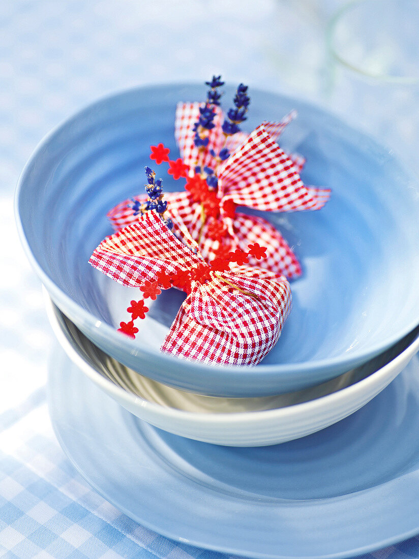 Close-up of small checked bag in bowl, garden kitchen