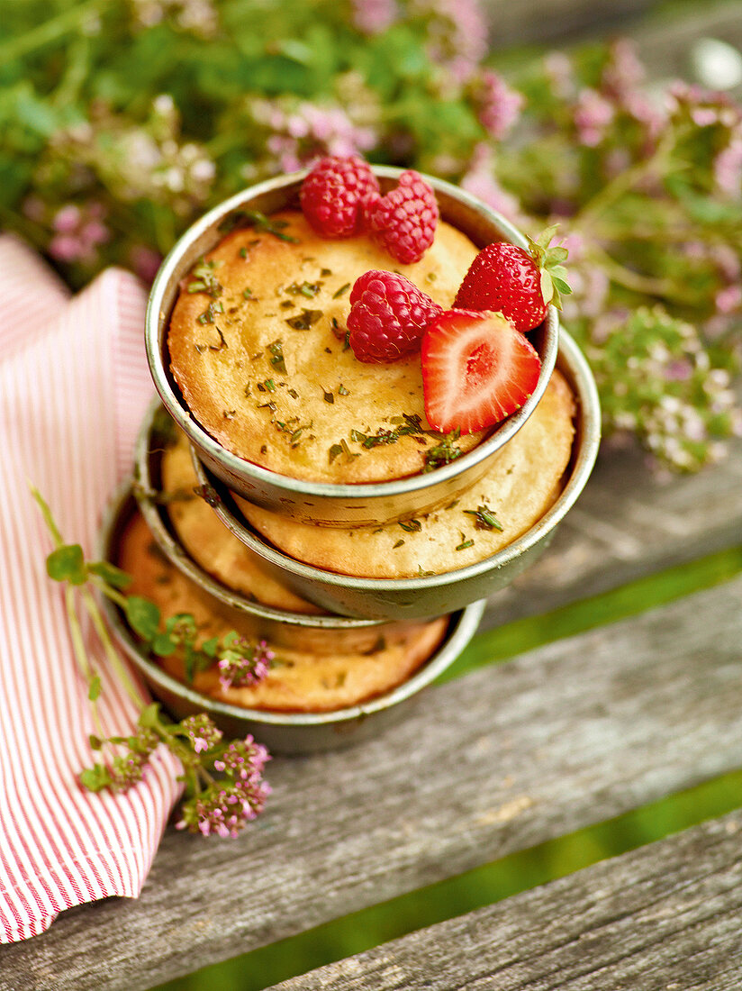 Gartenküche, Zigenfrischkäsetartelettes mit Himbeeren