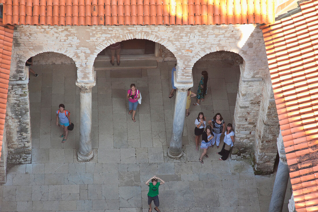 Elevated view of tourists in Porec Euphrasiana, Croatia