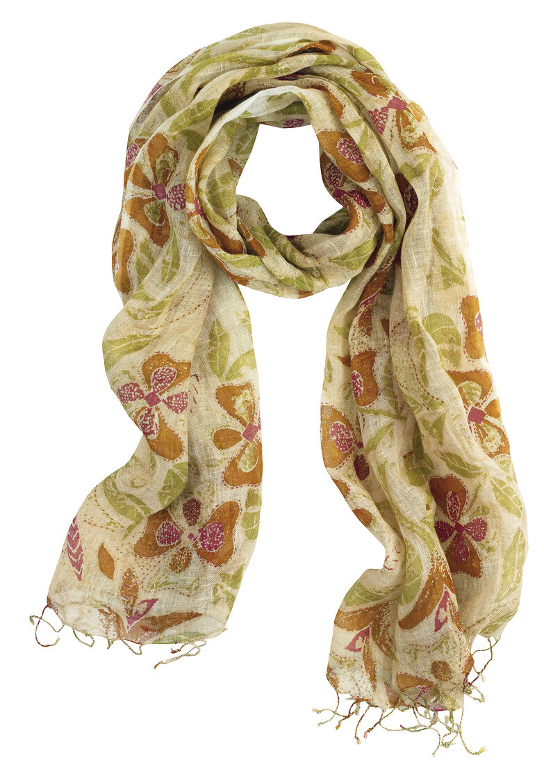 Close-up of floral pattern scarf on white background