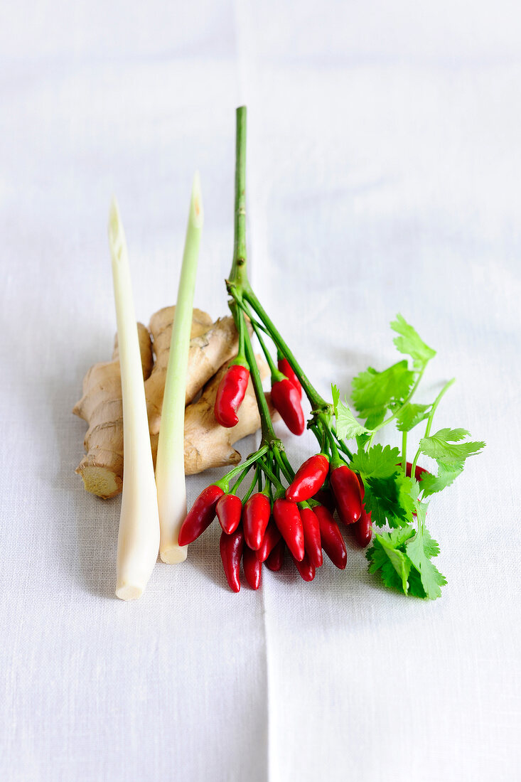 Ginger, coriander leaves and other Asian spices on white cloth