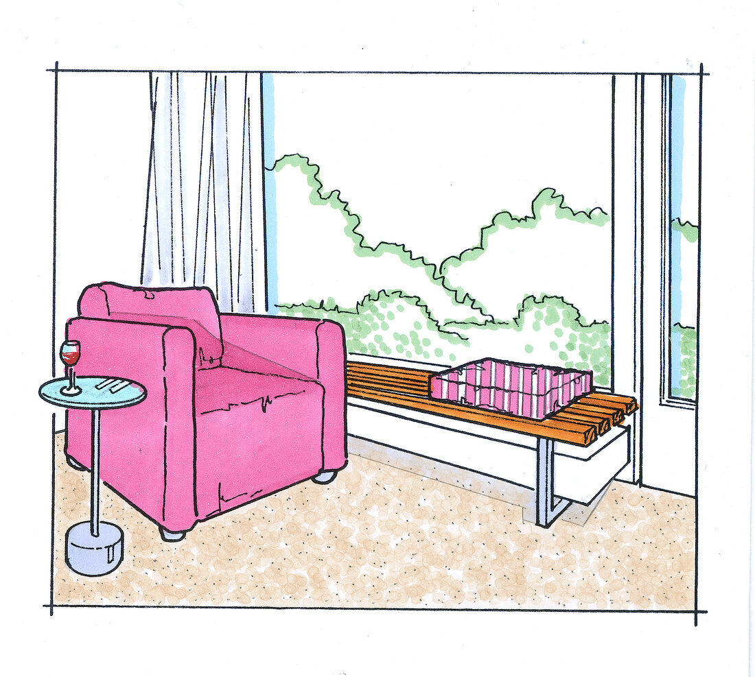 Illustration: Heizkörper verkleiden, Wohnzimmer, Sessel pink