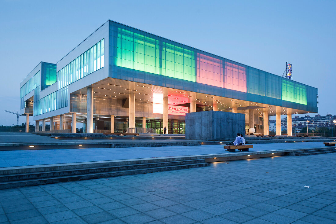 View of illuminated Museum Contemporary Art in Zagreb, Croatia 