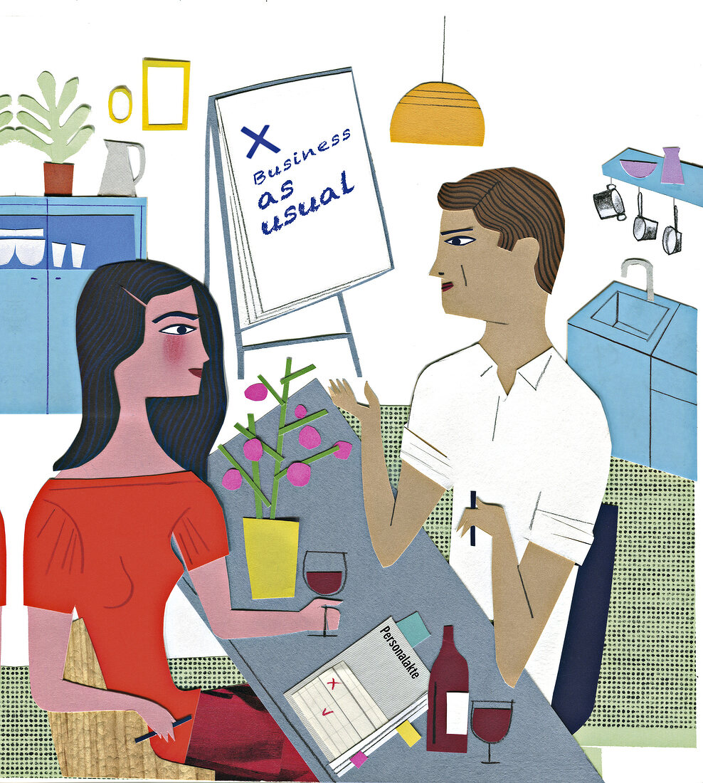 Illustration, Paar, Frau und Mann am Küchentisch, Team-Meeting