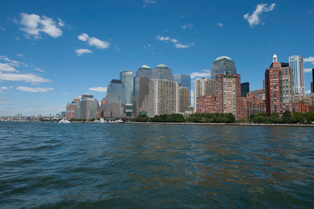 View of sea overlooking New York City skyline
