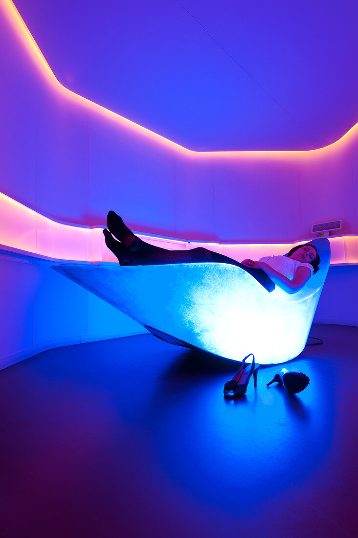 Woman lying on chair in Yellowstone Spa in New York, USA