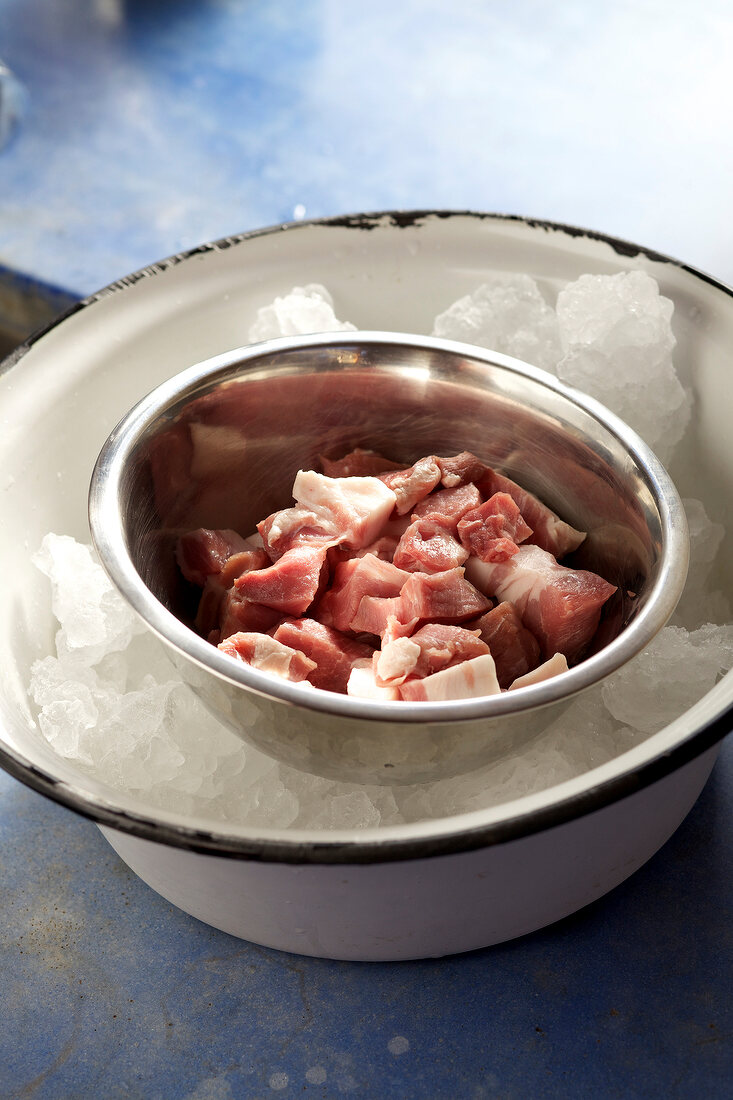 Close-up of bowl of meat on ice cubes, step 2